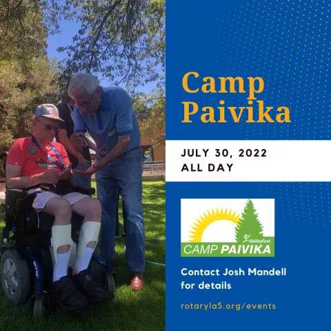 Camp Paivika text on blue background with a photo of volunteers