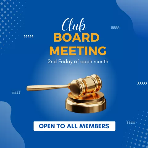 Blue background with text "Club Board Meeting" and "Open to all members"